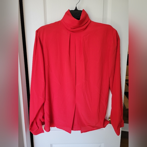 Dior Tops - Vintage 80s Christian Dior Chemises Red Mock Neck Blouse Button Back Secretary 6